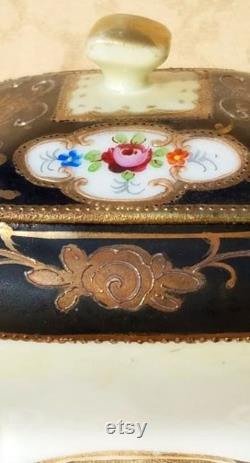 Antique Hand Painted Nippon Porcelain Powder Box Trinket Dish Black Trim Floral Shabby Cottage Chic 3