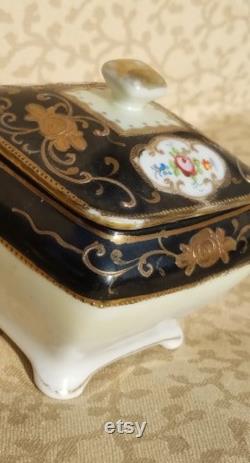 Antique Hand Painted Nippon Porcelain Powder Box Trinket Dish Black Trim Floral Shabby Cottage Chic 3