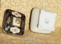 Antique Hand Painted Nippon Porcelain Powder Box Trinket Dish Black Trim Floral Shabby Cottage Chic 1