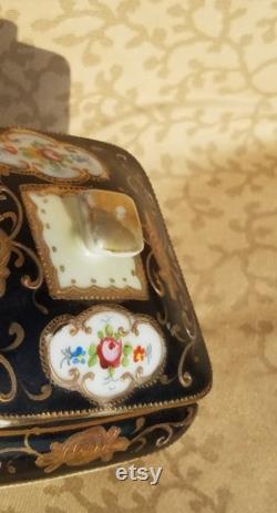 Antique Hand Painted Nippon Porcelain Powder Box Trinket Dish Black Trim Floral Shabby Cottage Chic 3