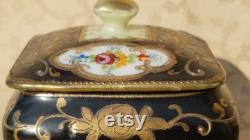 Antique Hand Painted Nippon Porcelain Powder Box Trinket Dish Black Trim Floral Shabby Cottage Chic 3