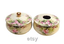 Antique Hand Painted Porcelain Powder Box Jar Hair Receiver Set Victorian Vintage Vanity Boudoir