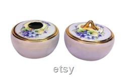 Antique Hand Painted Porcelain Powder Box Jar Hair Receiver Set Victorian Vintage Vanity Boudoir