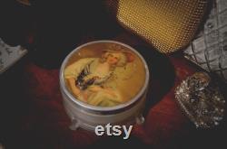 Antique Handheld Portrait Lid Vanity Mirror with Powder Puff Glass Bottom 1900