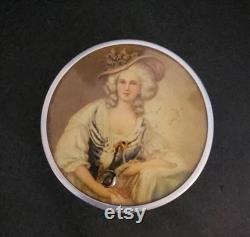 Antique Handheld Portrait Lid Vanity Mirror with Powder Puff Glass Bottom 1900