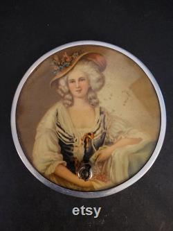 Antique Handheld Portrait Lid Vanity Mirror with Powder Puff Glass Bottom 1900