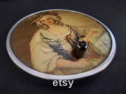 Antique Handheld Portrait Lid Vanity Mirror with Powder Puff Glass Bottom 1900