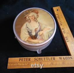 Antique Handheld Portrait Lid Vanity Mirror with Powder Puff Glass Bottom 1900 Antique Handheld Portrait Lid Vanity Mirror with Powder Puff Glass Bottom 1900