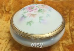 Antique Joseph Seltman Lilies Porcelain Powder Jar, Greek Key Border Vohenstrauss Germany, C.1900 E2480
