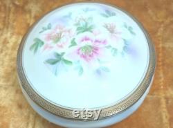 Antique Joseph Seltman Lilies Porcelain Powder Jar, Greek Key Border Vohenstrauss Germany, C.1900 E2480