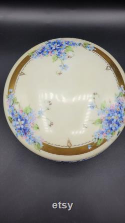 Antique Julius H Brauer Limoges France Porcelain China Powder Box Hand Painted Raised Detail Flowers Gold Accents Marked Blue Pink Green