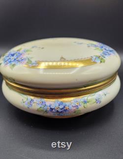 Antique Julius H Brauer Limoges France Porcelain China Powder Box Hand Painted Raised Detail Flowers Gold Accents Marked Blue Pink Green
