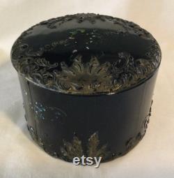 Antique Large Victorian Black Glass Lidded Vanity Powder Jar