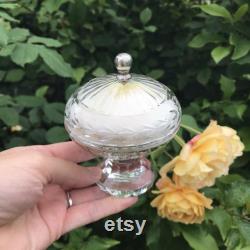 Antique Lead Crystal Glass Powder Jar, Swan Down Powder Puff, Rare Compote Shape, Silver Handle, Immaculate, Wonderful Gift, 4.25 x 3.25