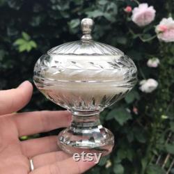 Antique Lead Crystal Glass Powder Jar, Swan Down Powder Puff, Rare Compote Shape, Silver Handle, Immaculate, Wonderful Gift, 4.25 x 3.25