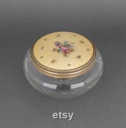Antique Lenk Austria Guilloche Enamel Lid and Heavy Cut Glass Powder Jar, Vintage Vanity Decor, Wedding Gift for Bride