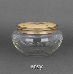 Antique Lenk Austria Guilloche Enamel Lid and Heavy Cut Glass Powder Jar, Vintage Vanity Decor, Wedding Gift for Bride
