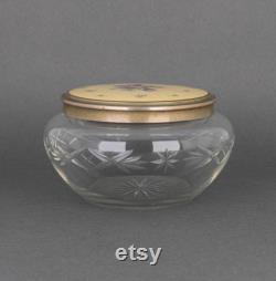 Antique Lenk Austria Guilloche Enamel Lid and Heavy Cut Glass Powder Jar, Vintage Vanity Decor, Wedding Gift for Bride