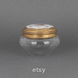 Antique Lenk Austria Hand Painted Guilloche Enamel Lid and Heavy Cut Glass Powder Jar, Vintage Vanity Decor, Trinket Box Gift for Bride