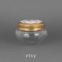 Antique Lenk Austria Hand Painted Guilloche Enamel Lid and Heavy Cut Glass Powder Jar, Vintage Vanity Decor, Trinket Box Gift for Bride