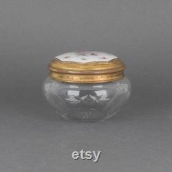 Antique Lenk Austria Hand Painted Guilloche Enamel Lid and Heavy Cut Glass Powder Jar, Vintage Vanity Decor, Trinket Box Gift for Bride