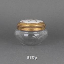 Antique Lenk Austria Hand Painted Guilloche Enamel Lid and Heavy Cut Glass Powder Jar, Vintage Vanity Decor, Trinket Box Gift for Bride