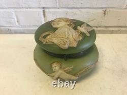 Antique Likely European Ceramic Powder Jar Vanity Box w Woman Cherubs Decoration