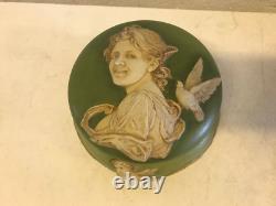 Antique Likely European Ceramic Powder Jar Vanity Box w Woman Cherubs Decoration