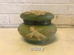 Antique Likely European Ceramic Powder Jar Vanity Box w Woman Cherubs Decoration