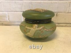 Antique Likely European Ceramic Powder Jar Vanity Box w Woman Cherubs Decoration