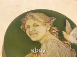 Antique Likely European Ceramic Powder Jar Vanity Box w Woman Cherubs Decoration