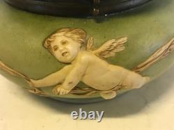 Antique Likely European Ceramic Powder Jar Vanity Box w Woman Cherubs Decoration