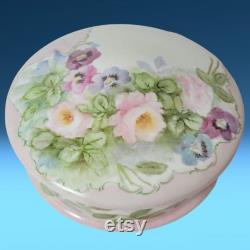 Antique Limoges Porcelain Round Trinket Dish Keepsake Holder Dresser Box Powder Box w Lid Vanity Box Hand Painted Flowers France