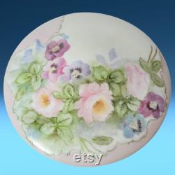 Antique Limoges Porcelain Round Trinket Dish Keepsake Holder Dresser Box Powder Box w Lid Vanity Box Hand Painted Flowers France