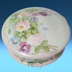 Antique Limoges Porcelain Round Trinket Dish Keepsake Holder Dresser Box Powder Box w Lid Vanity Box Hand Painted Flowers France