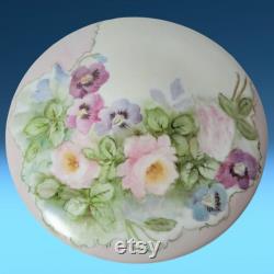 Antique Limoges Porcelain Round Trinket Dish Keepsake Holder Dresser Box Powder Box w Lid Vanity Box Hand Painted Flowers France