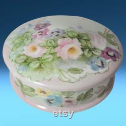 Antique Limoges Porcelain Round Trinket Dish Keepsake Holder Dresser Box Powder Box w Lid Vanity Box Hand Painted Flowers France