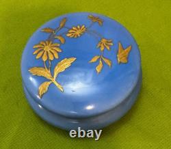 Antique Limoges Powder Box D&C Heavenly Blue Gold Daisy Butterfly Dresser Jar