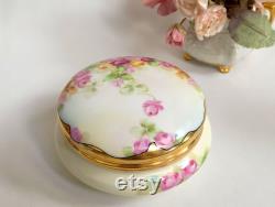 Antique Limoges Powder Box c 1902 Made by T and V Limoges France Floral Porcelain Design Gold Gilt Lid