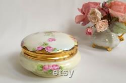 Antique Limoges Powder Box c 1902 Made by T and V Limoges France Floral Porcelain Design Gold Gilt Lid