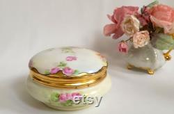 Antique Limoges Powder Box c 1902 Made by T and V Limoges France Floral Porcelain Design Gold Gilt Lid