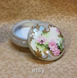 Antique Limoges Powder Jar Trinket Box Hand Painted Pink Roses Victorian Floral Shabby Cottage Chic