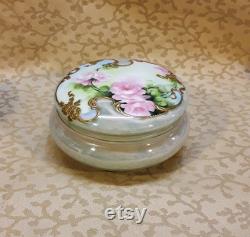 Antique Limoges Powder Jar Trinket Box Hand Painted Pink Roses Victorian Floral Shabby Cottage Chic