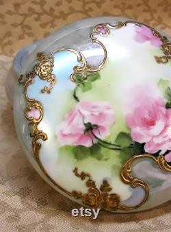 Antique Limoges Powder Jar Trinket Box Hand Painted Pink Roses Victorian Floral Shabby Cottage Chic