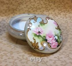 Antique Limoges Powder Jar Trinket Box Hand Painted Pink Roses Victorian Floral Shabby Cottage Chic