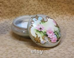 Antique Limoges Powder Jar Trinket Box Hand Painted Pink Roses Victorian Floral Shabby Cottage Chic