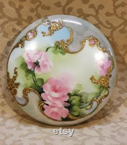 Antique Limoges Powder Jar Trinket Box Hand Painted Pink Roses Victorian Floral Shabby Cottage Chic