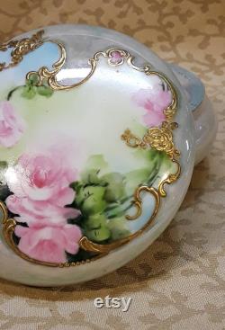 Antique Limoges Powder Jar Trinket Box Hand Painted Pink Roses Victorian Floral Shabby Cottage Chic