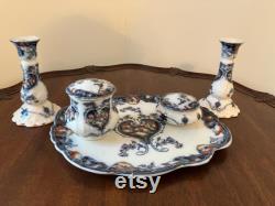 Antique Losol Ware Vanity Set English Porcelain, Orange Poppies, C1920