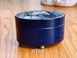 Antique Lucretia Vanderbilt Art Nouveau Cosmetic Dresser Top Mid Night Blue Butterfly Powder Box 1920's